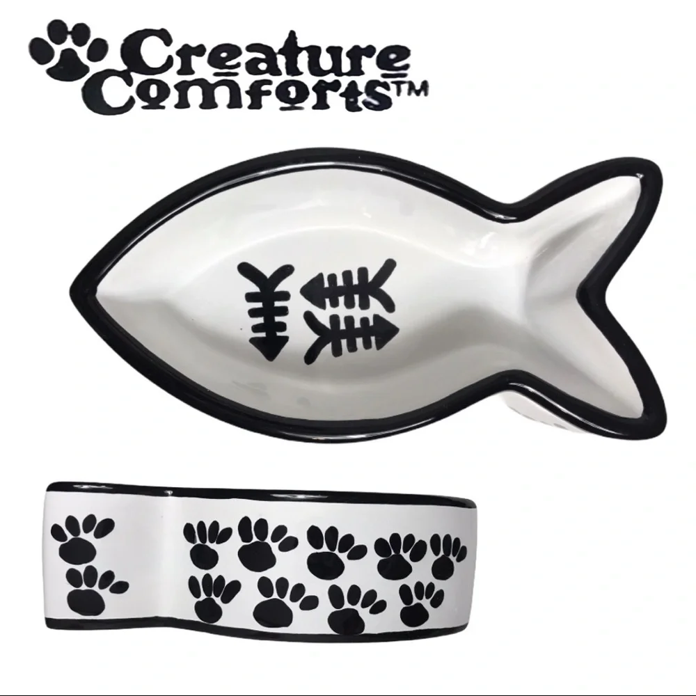Black & White Ceramic Fish Shaped Cat Bowl